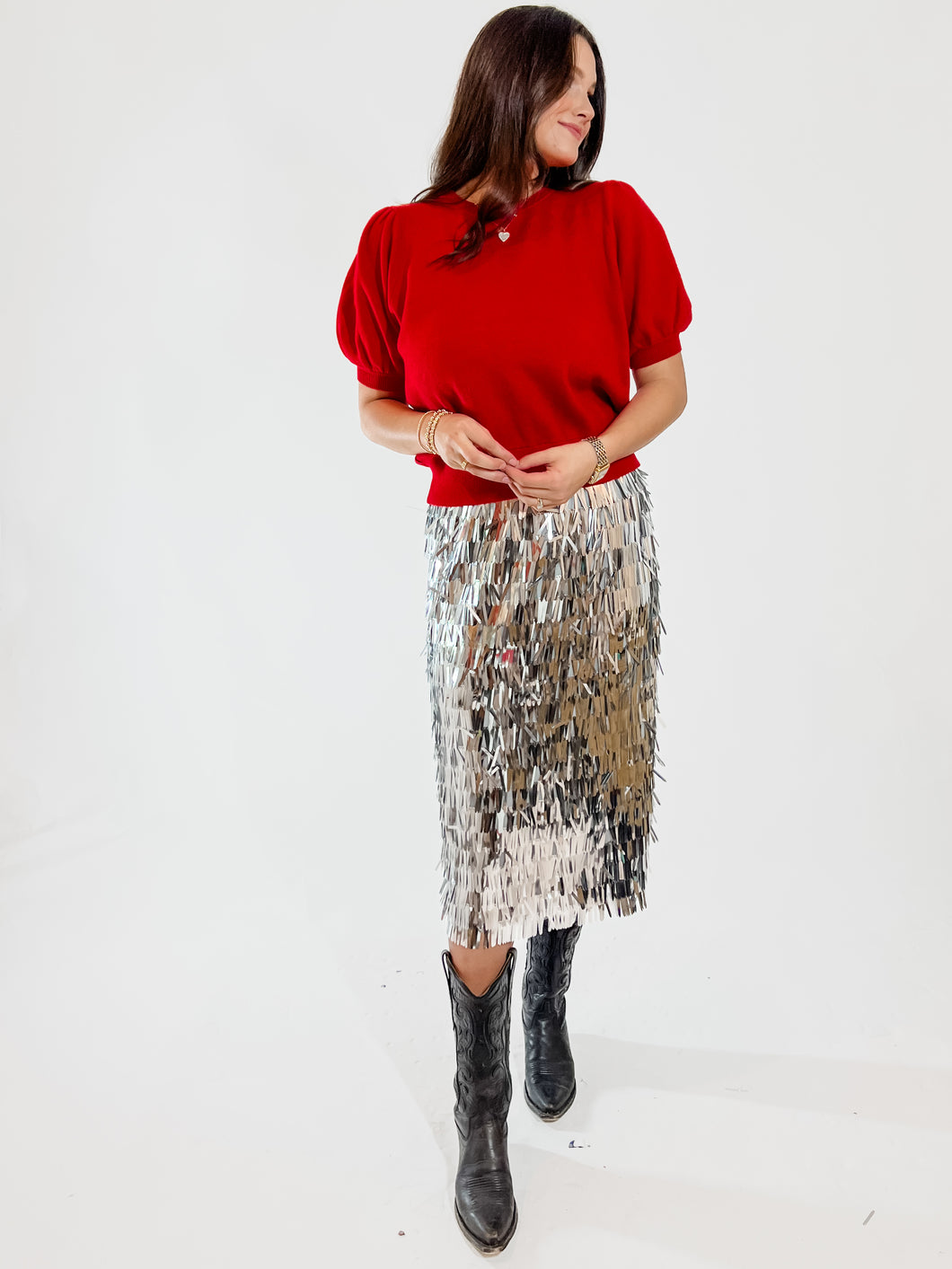 Fringed Metallic Midi Skirt