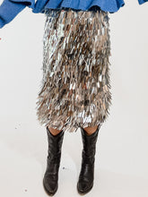 Load image into Gallery viewer, Fringed Metallic Midi Skirt
