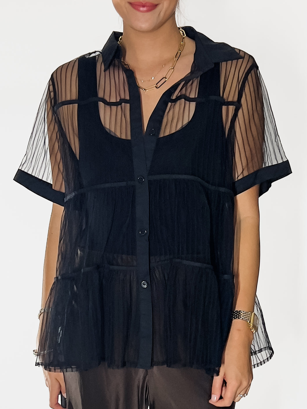 Midnight Allure Sheer Button-Up Blouse