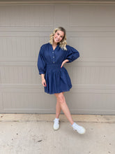 Load image into Gallery viewer, Mia Navy Smocked Waist Dress
